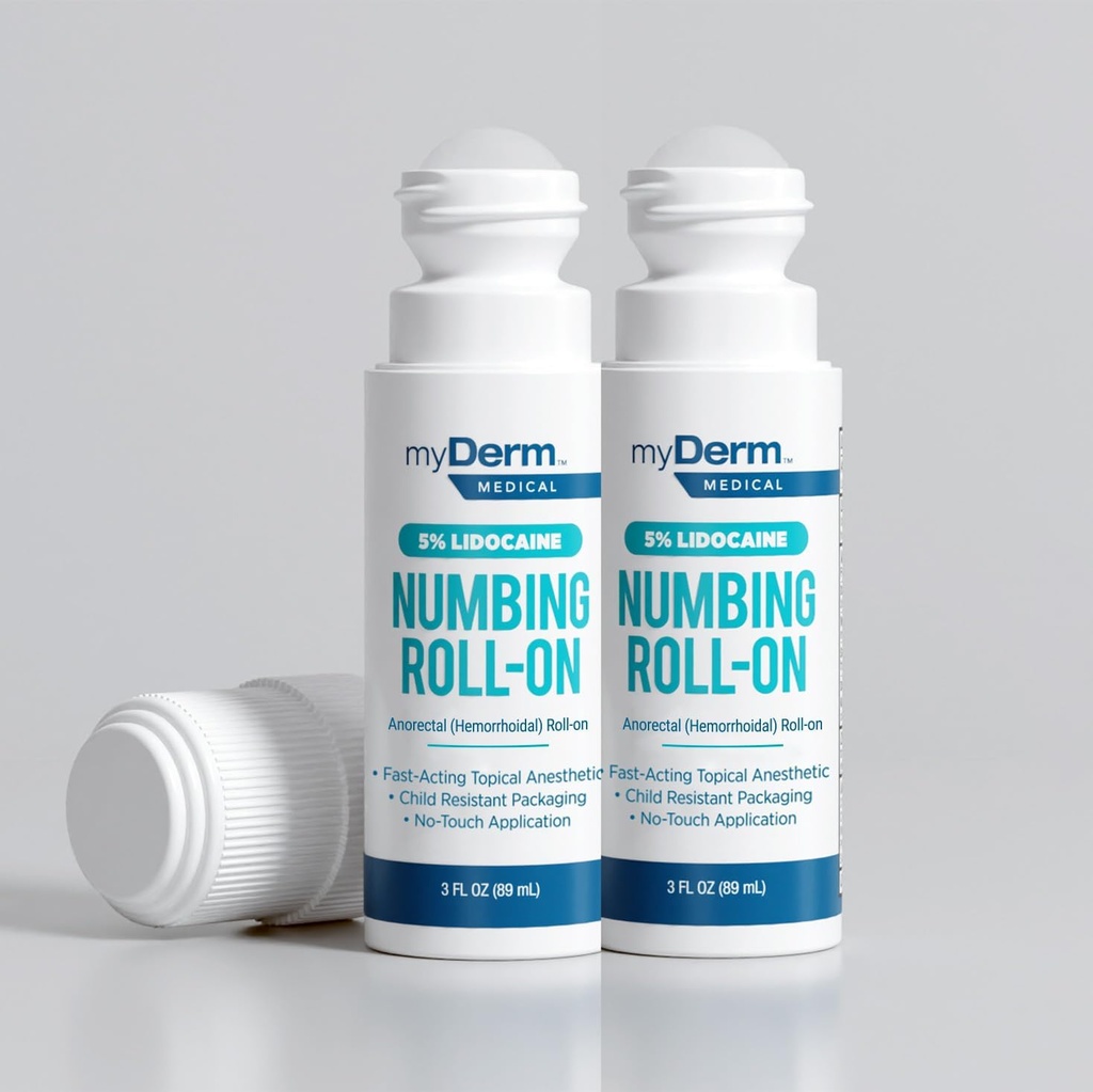Myderm Medical 5% Lidocain Numbing Roll On - pakke med 2 - til mindre aches, scratches og hæmoridal ubehag - Made in The USA