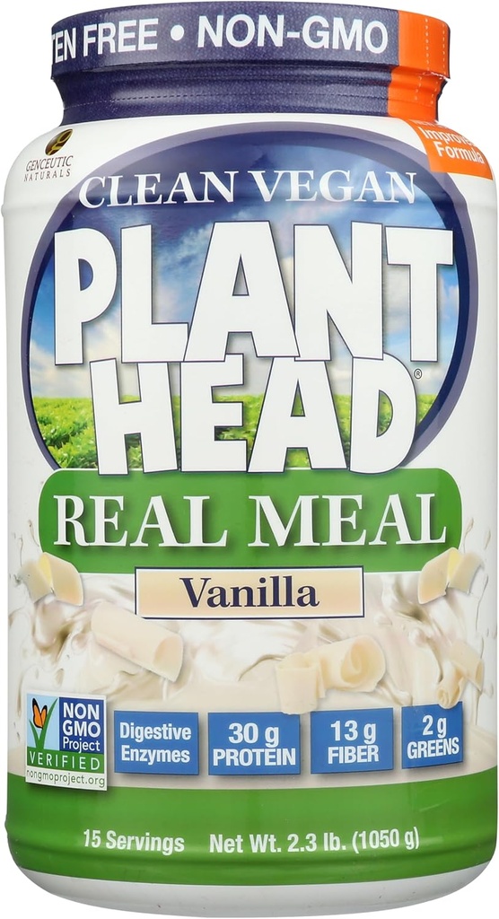 Plantehoved Real Meal Organic Plant Protein Powder, Vanilla - Vegan, Low Net Carbs, Non Dairy, Gluten Free, Lactose Free, No Sugar Added, 2.3 Pound