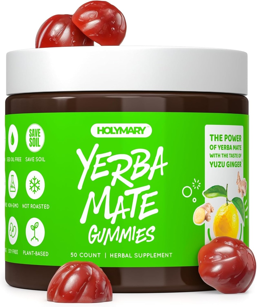 Yerba Mate Gummies - Yuzu & Ginger Flavor for Energy, Focus, Immunity & Cardio Health | Vegan, Non-GMO, Gluten-Free - 50 Natural Supplement Gummies