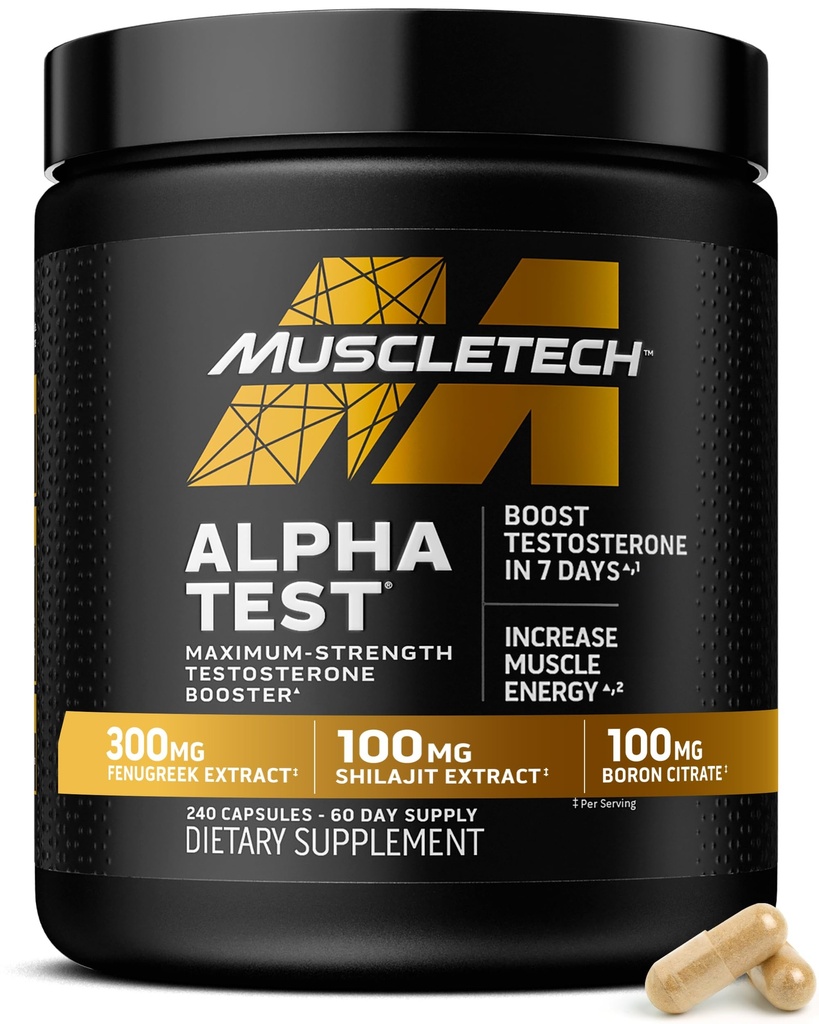 MuscleTech Testosteron Booster for mænd, AlphaTest - T- Boost Herre tillæg med Tribulus Terrestris & Boron - Daglig Mand Gym træningstillæg for muskelvækst, Stamina & Energy - 240 piller