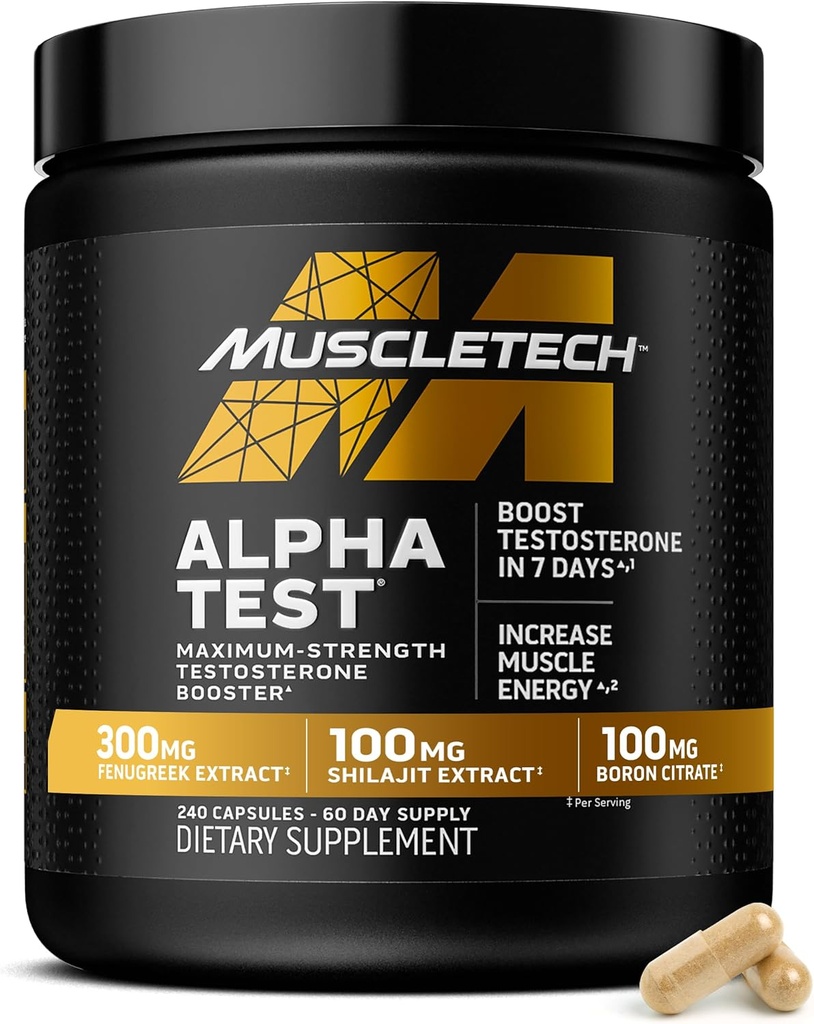 MuscleTech Testosteron Booster for mænd, AlphaTest - T- Boost Herre tillæg med Tribulus Terrestris & Boron - Daglig Mand Gym træningstillæg for muskelvækst, Stamina & Energy - 240 piller