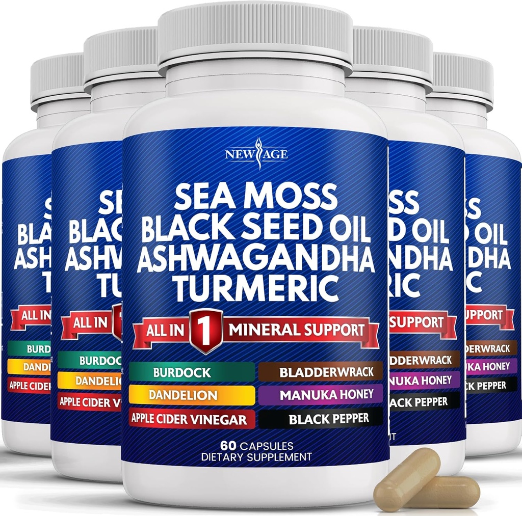 NEW AGE Sea Moss Black Seed Oil Ashwagandha Turmerisk Bladerwrack Burdock - med Manuka, Honning Mælkebøtte, ACV Black Pepper Gluten Free