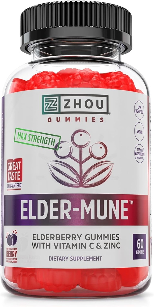 Zhou Elder- Mune Elderberry Gummies - Elderberry C-vitamin og zink, Daglig immunforsvar Supplementet for kvinder & mænd, Chewable Natural Black Elderberry for voksne & børn 4 & Up - 60 Gummies