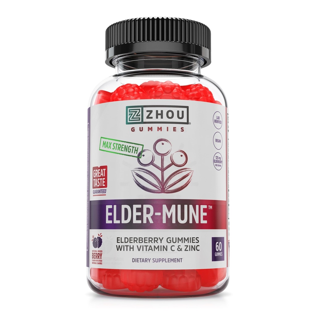 Zhou Elder- Mune Elderberry Gummies - Elderberry C-vitamin og zink, Daglig immunforsvar Supplementet for kvinder & mænd, Chewable Natural Black Elderberry for voksne & børn 4 & Up - 60 Gummies