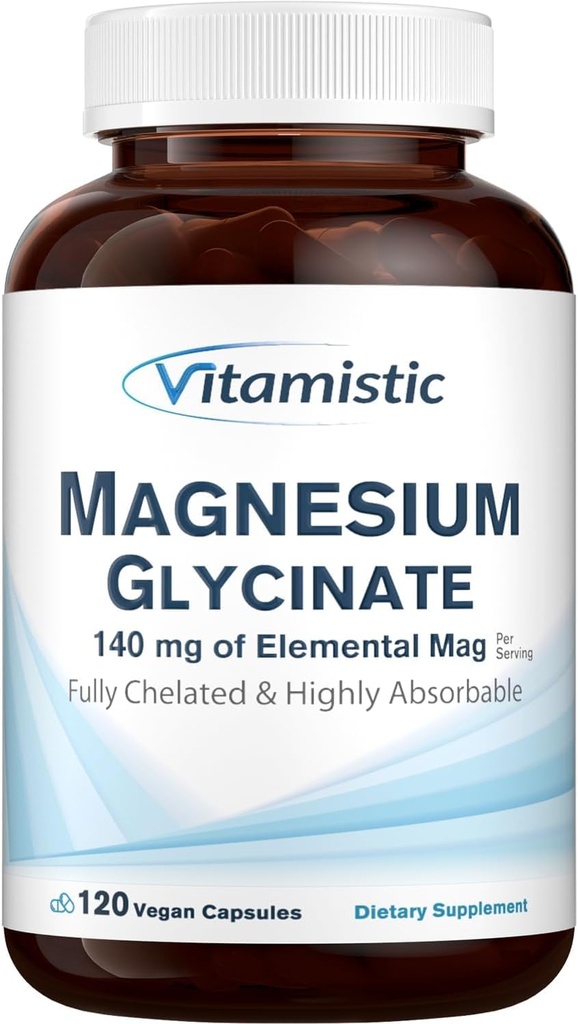 Magnesium Glycinat, Chelated, Højt biotilgængeligt, Fuldt Reageret & Non- Buffered, Let på Maven, 140 mg Elemental Magnesium, for Sleep, Ben, Non GMO, 120 Vegan Caps