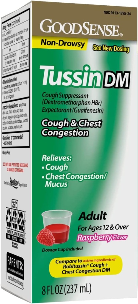 GoodSense Tussin Hoste Syrup DM, Raspberry Flavor, Effektiv Relief for Host og Bryst Congestion, Tynder Mucus, 8 Fl Oz