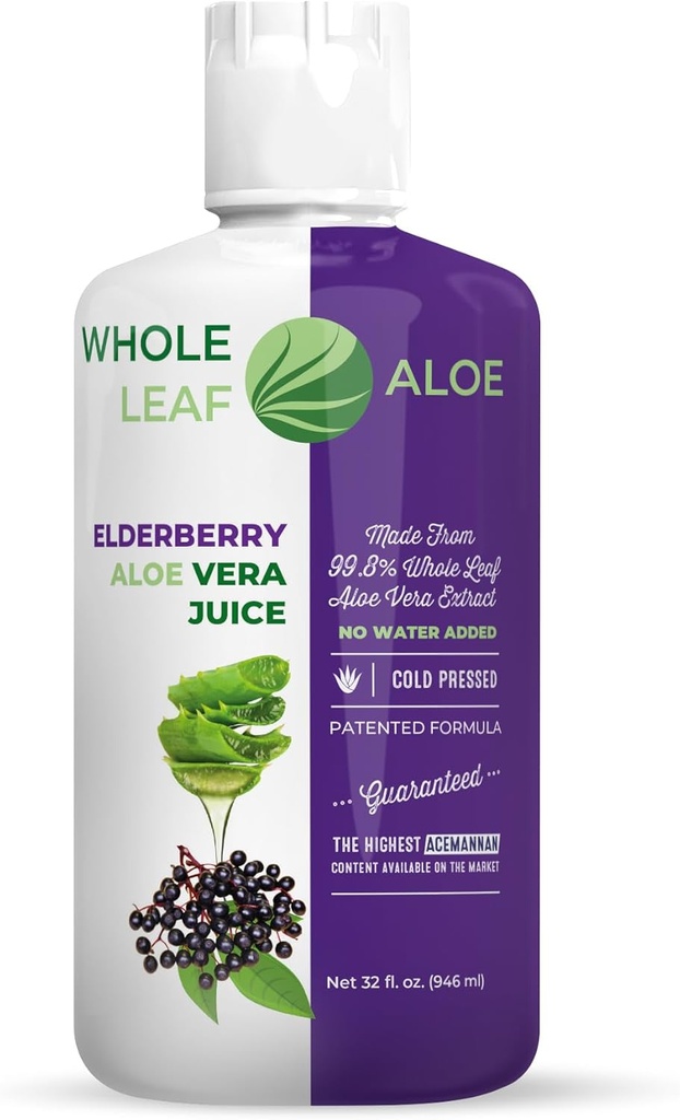 Whole Leaf Aloe Vera Juice with Organic Elderberry Extract – Patented Formula, High Acemannan Content, and NO Water Added!