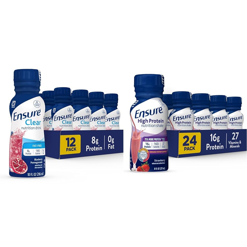 Sikre flydende klar ernæring drik, 0g fedt, 8g protein, blåbær Pomegranat, 10 Fl Oz (Pack of 12), flaske, glutenfri & Sikre høj proteinjordbærernæring Shake, 24 Pack