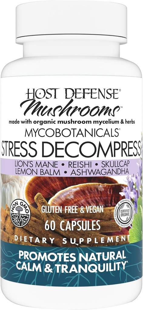 Værtsforsvar MycoBotanicals Stress Decompress * Kapsler - Mushroom supplement med Lemon Balm & Ashwagandha Root - med Reishi, Lions Man & Skullcap - 60 Kapsler (30 Servere) *