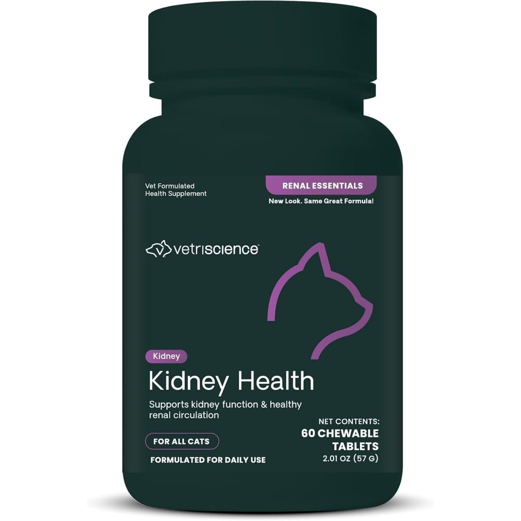 VetriScience Nyre Sundhed Chewable Tablets, Renal Essentials Supplement til katte, Nyrepleje og support med champignon, Astragalus Root, Nettle Seed og urter, kylling og fisk, 60 Greve