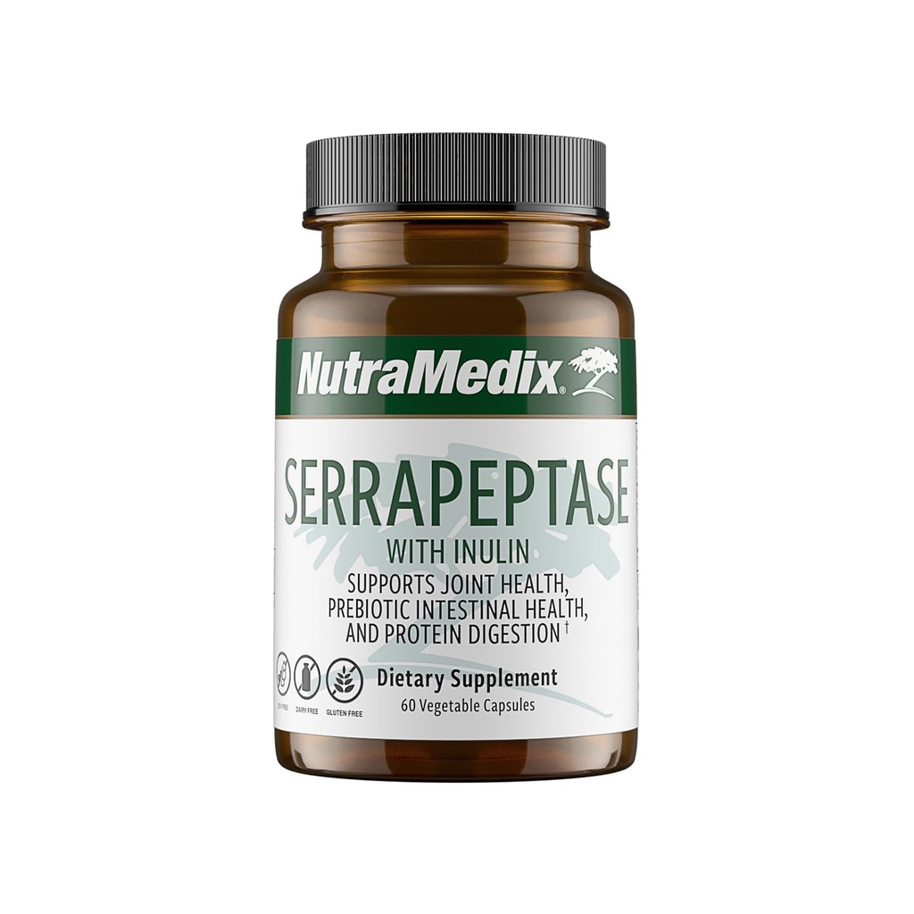 Nutramedicinsk Serrapeptase Supplement - Proteolytiske enzymer til fordøjelse + Inulin - Lavet til at understøtte fordøjelsesstøtte - Gluten, Soy og Dairy- Free (60 kapsler)