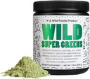 Wild Foods Raw Super Green Powder Daily Juice Drink med Probiotika og fordøjelsesmiddel Enzyme Blend - Whole Food Sourced, 46 Plantbaserede næringsstoffer, non-GMO, Spirulina, Chlorella, Wheatgrass (30 Servere)
