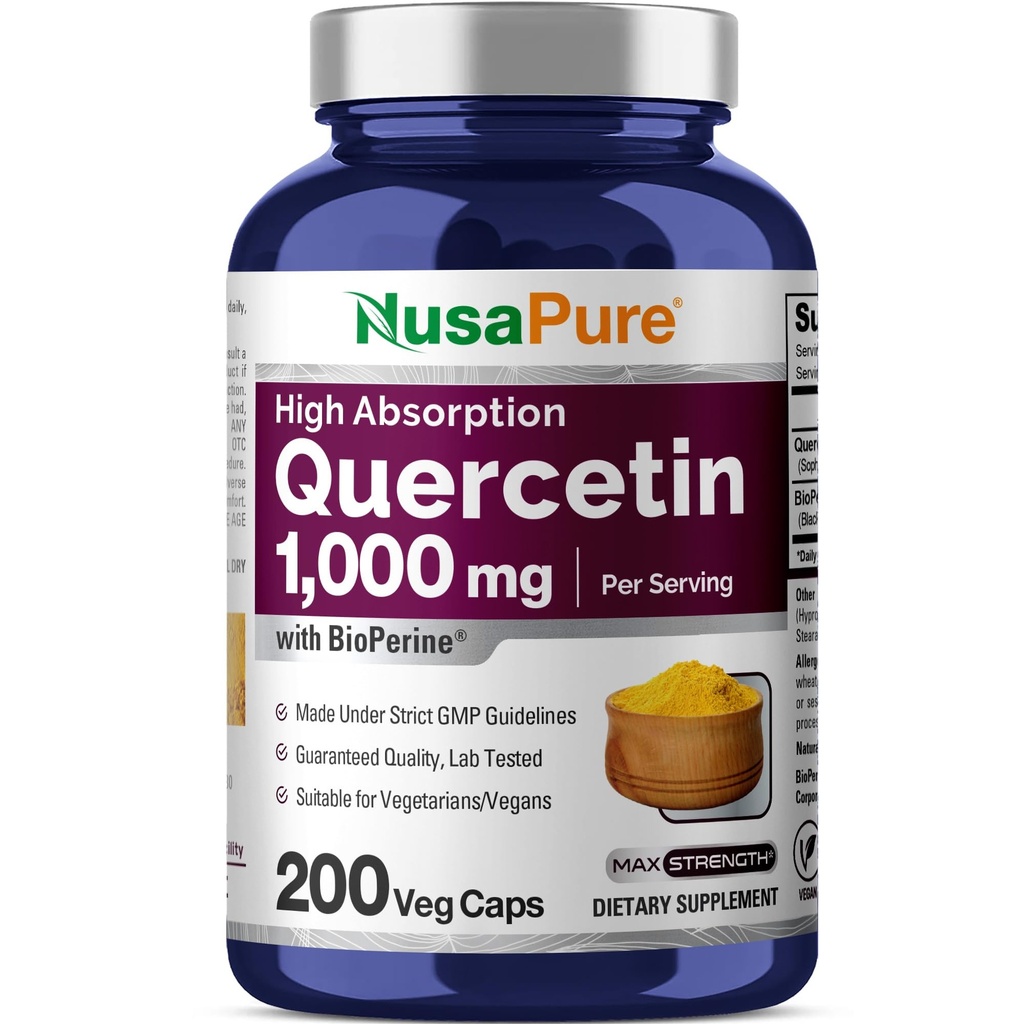 NusaPure Quercetin 1000mg - 200 Veggie Caps (ikke- GMO, Vegan, Vegetar) Bioperine