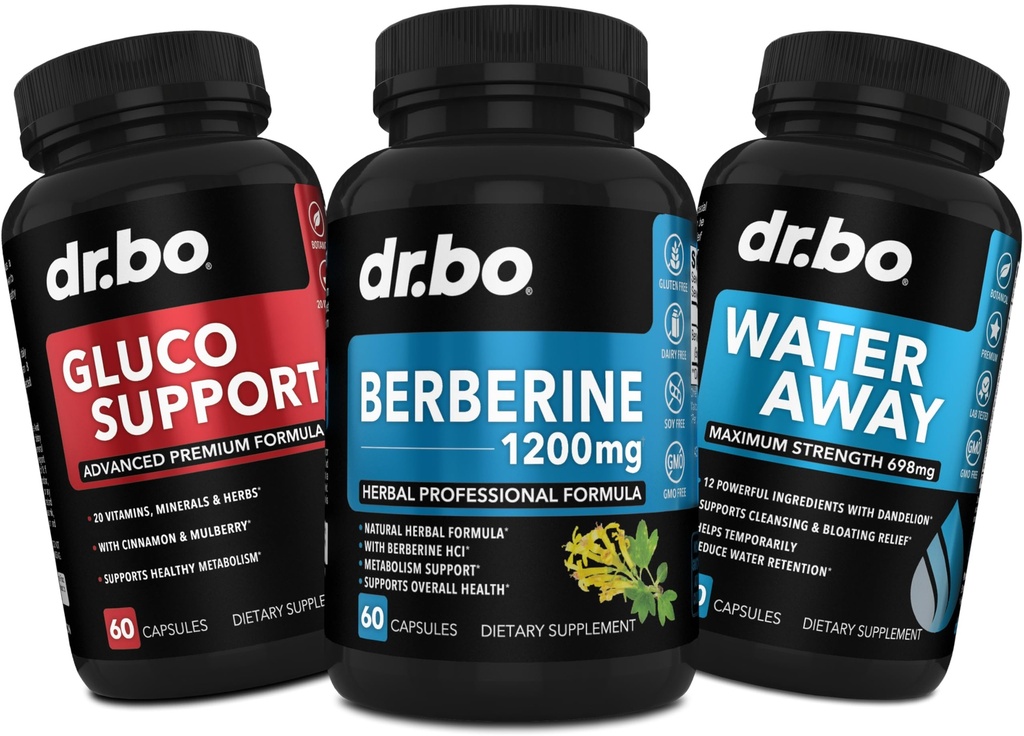 DR. BO Berberine Supplement Metabolisme Support & Vand Pills - 1200mg Berberine HCL Supplement for sund metabolisk Support - Premium HCL 600mg Per Capsule & Vand Pills Diuretics Retention