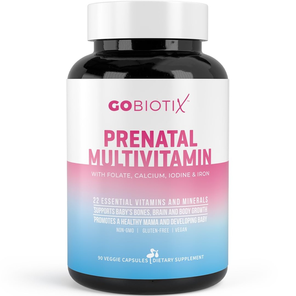 GOBIOTIX prænatale vitaminer til kvinder - Multivitaminer med jern, calcium, vitamin D2, C, zink & folinsyre til graviditet - Pre and Postpartum Essentials - Non- GMO - 90 kapsler