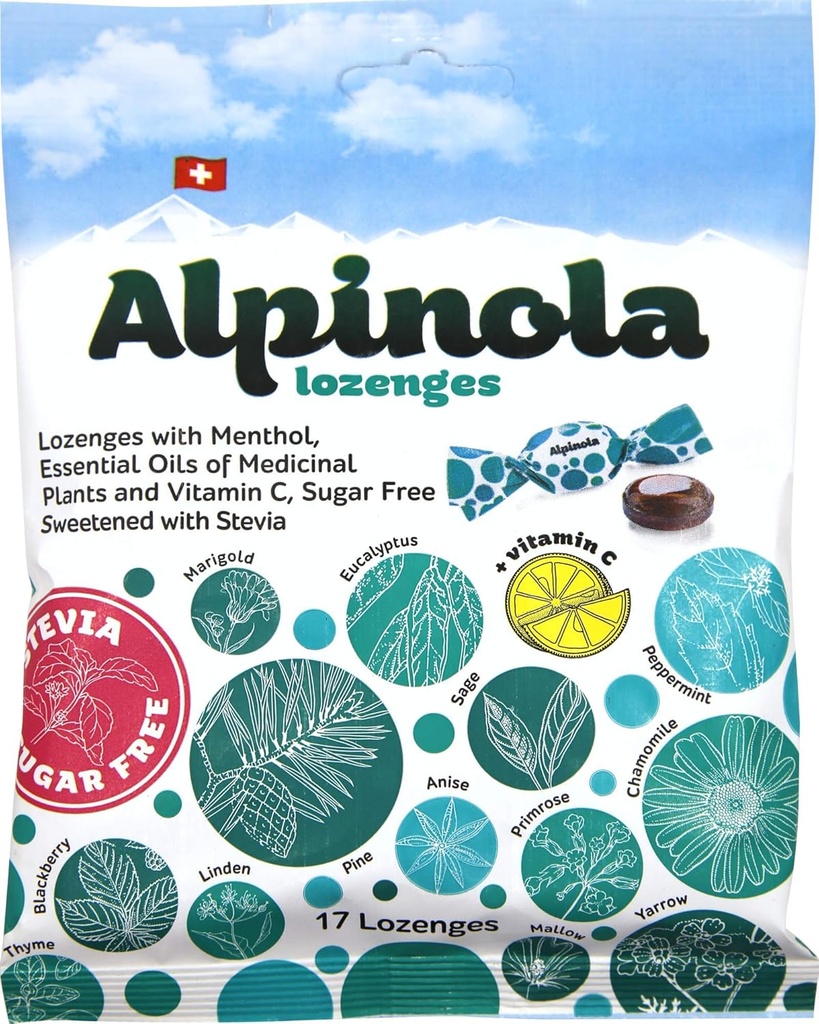 Alpinola Lozenges, menthol, 20 urter og C-vitamin, sukkerfri Stevia, 17 greve