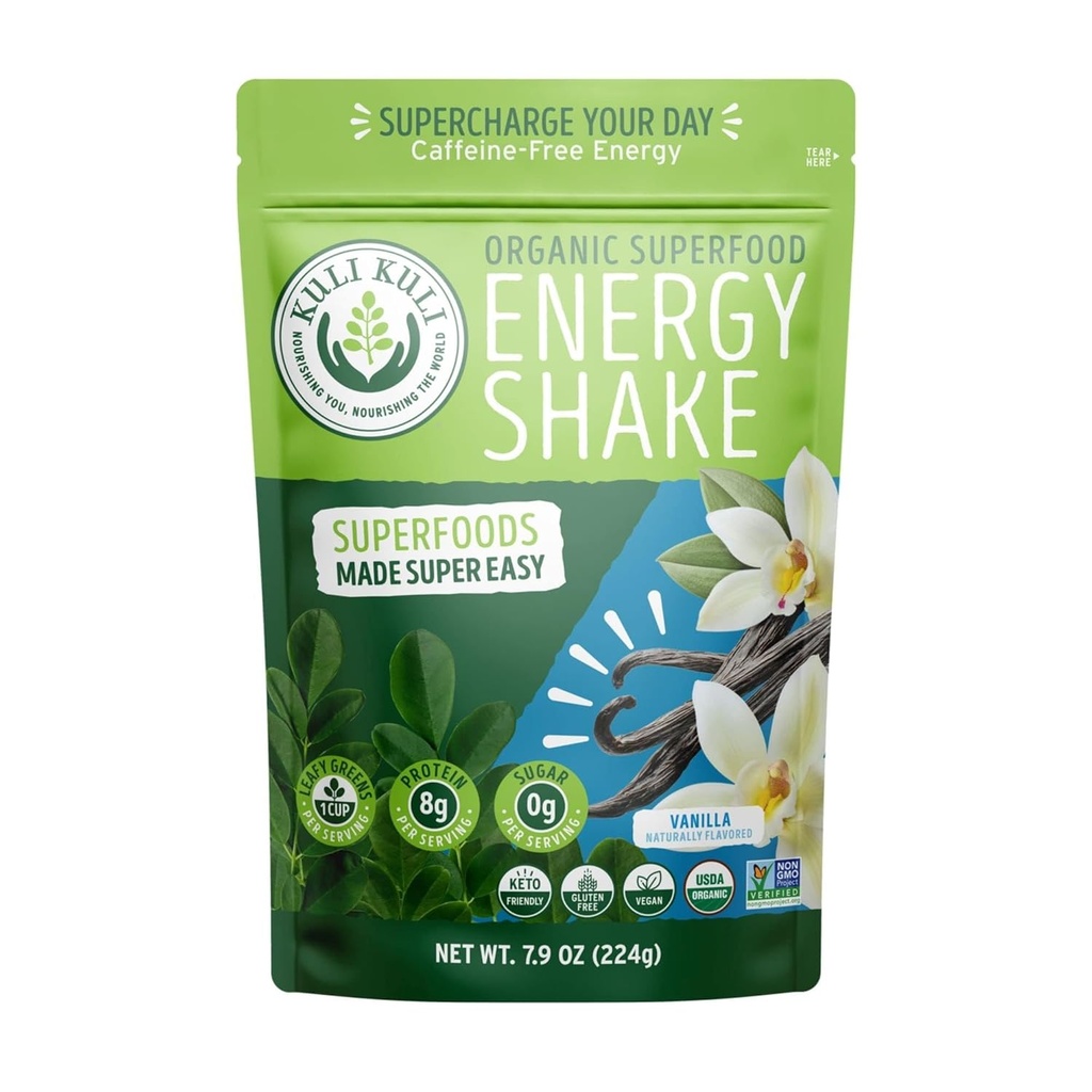 Kui Kui Organic Moringa Green Smoothie Mix - Plantbaseret Superfood Protein Smoothie Mix, Vanilla, 7.9 Ounce Pouch, Vegan og Gluten- Gratis med 8g Pea Protein og 1 Cup Grønne Per Servering