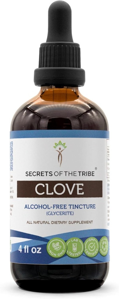 Hemmeligheder af Tribe Clove Tincture Alkohol- Free Liquid Extract, Clove (Syzygium Aromaticum) Tørrede blomsterknopper (4 FL OZ)