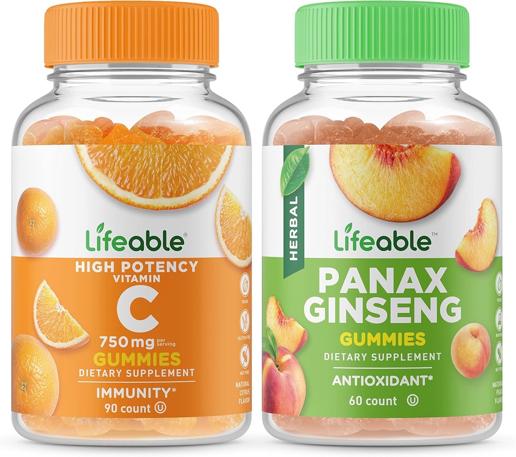 Lifeable Vitamin C 750mg + Panax Ginseng, Gummies Bundle - Great Tasting, Vitamin Supplement, Gluten Free, GMO fri, Chewable Gummy