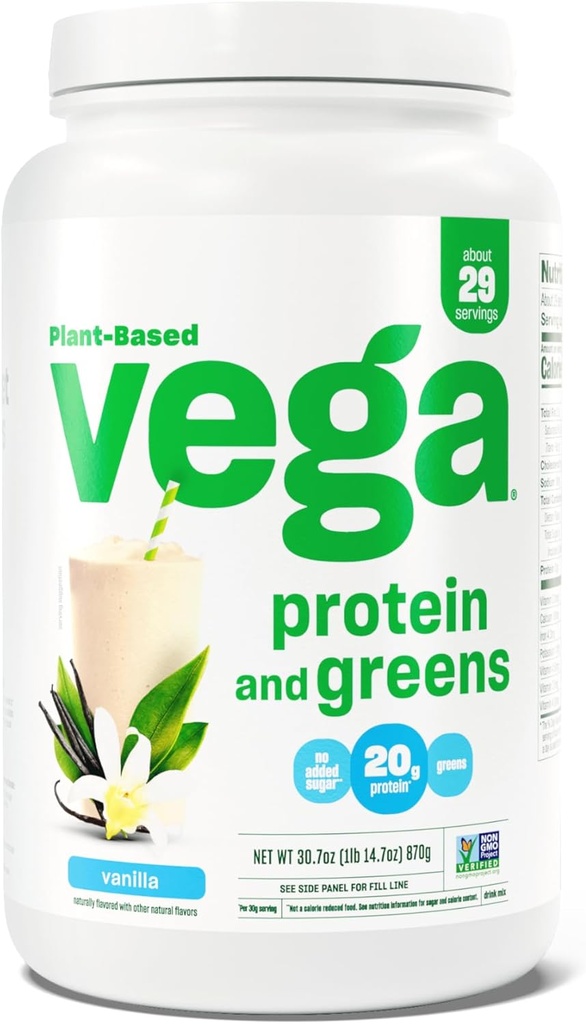 Vega Protein og Green Protein Powder, Vanilla - 20g Plant Protein Plus Veggies, Vegan, Ikke GMO, Pea Protein for kvinder og mænd, 1.9lbs