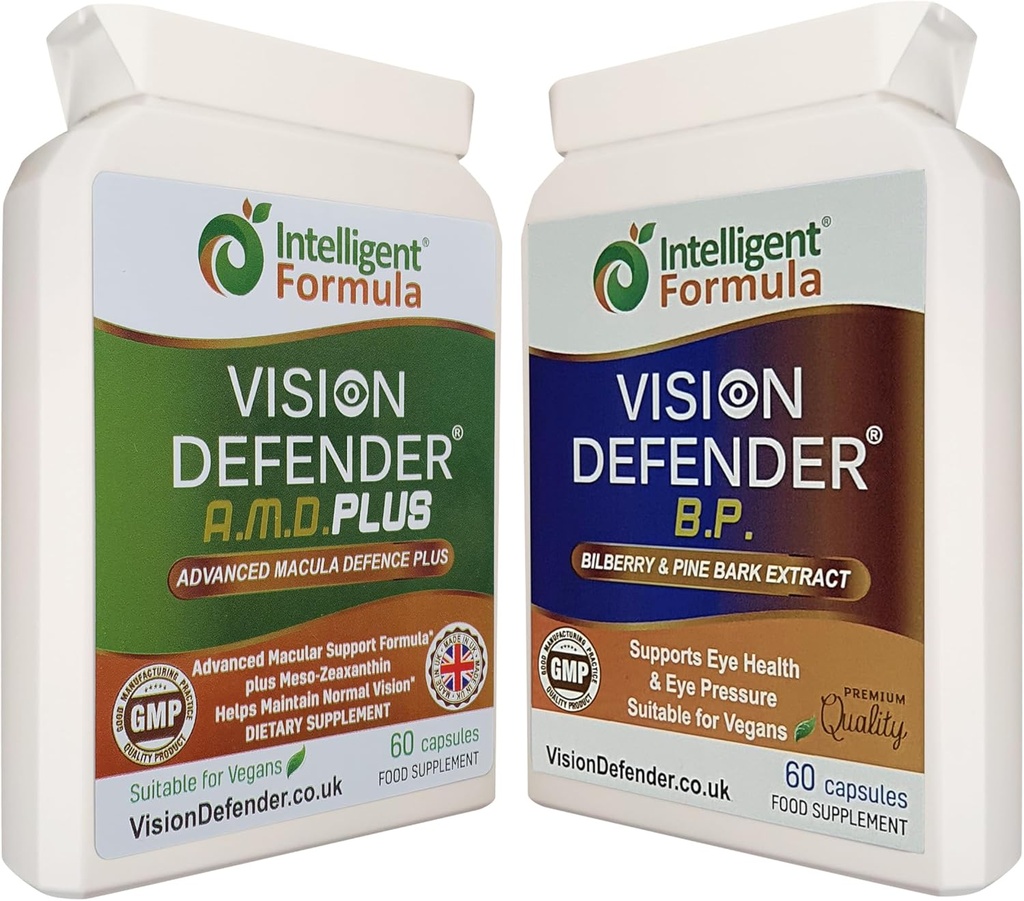 Vision Defender A.M.D. Plus & BP Eye Care Bundle - Advanced Eye Supplements with AREDS2 (Lutein, Zeaxanthin, C & E, Copper, Zink), Plus Meso-Zeaxanthin, Bilberry, Pine Bark. Fremstillet i Storbritannien