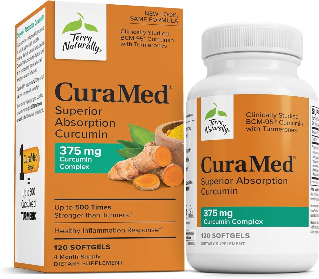 Terry naturligt CuraMed 375mg - Antioxidant supplement til hjerne og immunforsvar - Kosttilskud med curcumin & gurkemeje Essential Oil - Urteleverstøtte - 120 Softgels