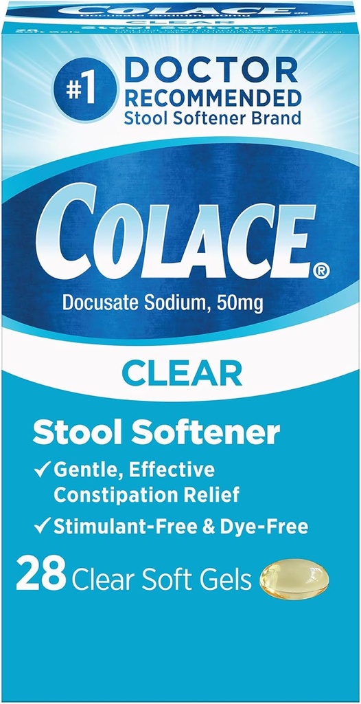 Colace Clear Staol blødgøringsmiddel Soft Gel kapsler Forstoppelse Relief 50mg Docusat Natriumlæge Anbefalet 28ct