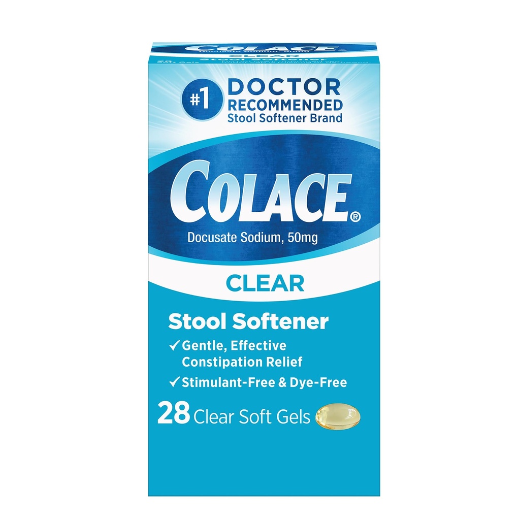 Colace Clear Staol blødgøringsmiddel Soft Gel kapsler Forstoppelse Relief 50mg Docusat Natriumlæge Anbefalet 28ct