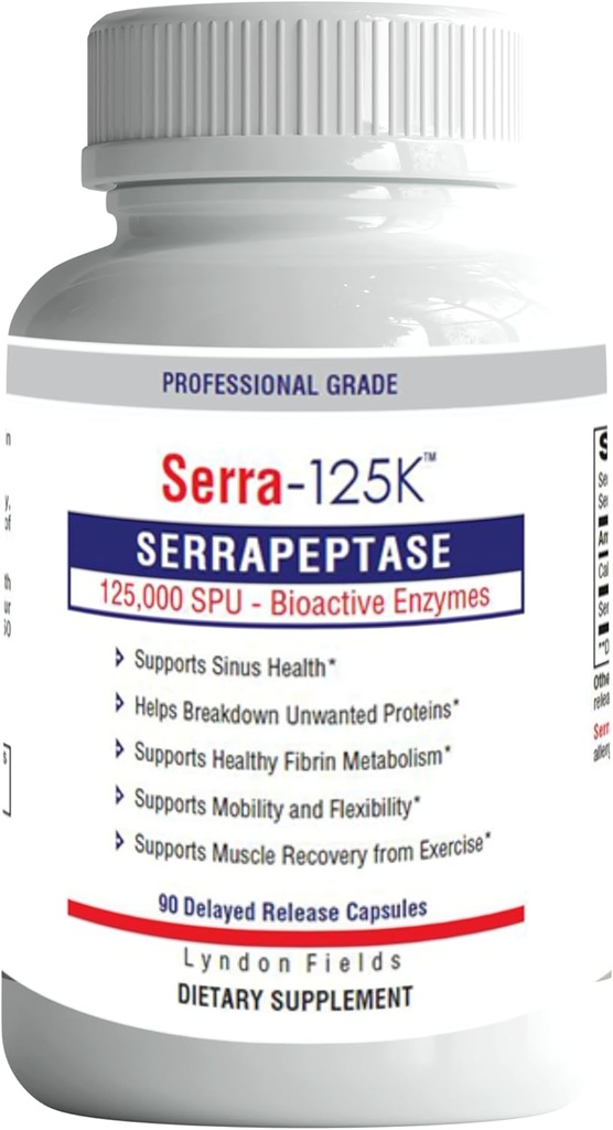 Serra-125k Extra Strength Serrapeptase 125.000 SPU, 90 Vegan Kapsler, Forsinket Udløsning, Systemiske Enzymer, Understøtter sund Sinus og et sundt immunsystem, ikke-GMO og All- Natural