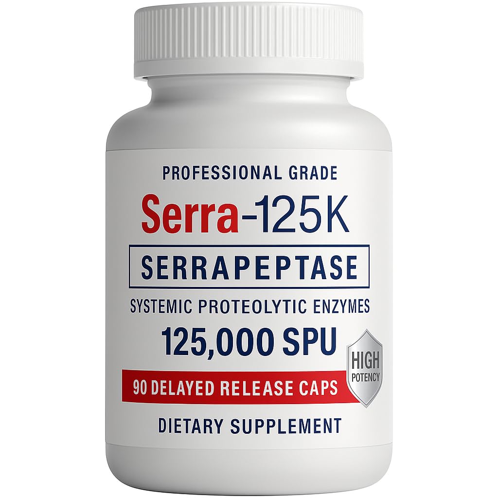 Serra-125k Extra Strength Serrapeptase 125.000 SPU, 90 Vegan Kapsler, Forsinket Udløsning, Systemiske Enzymer, Understøtter sund Sinus og et sundt immunsystem, ikke-GMO og All- Natural