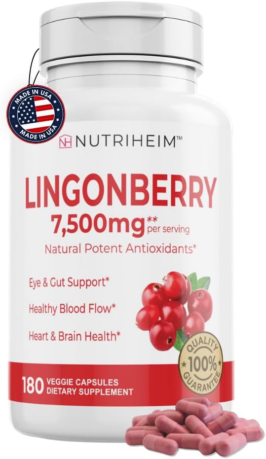 Lingonberry Powder 7500mg for Urinary Tract, Blood Circulation, Gut Health, Eye Health, Antioxidant Support - Pure 5: 1 Ratio & 180 Veggie Capsules - Non-GMO, Gluten- Free, Vegan- Friendly Supplement
