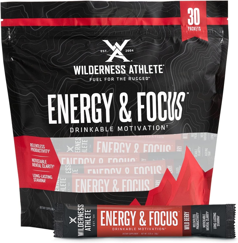 Wilderness Atlete - Energi & Fokus; Energi Booster for kvinder & mænd - Energi Drikke mix med naturlig koffein - Low- Carb, Zero Sugar Energy Drikke Powder - 30 Servering Energy Drikke Pakker (Wild Berry)