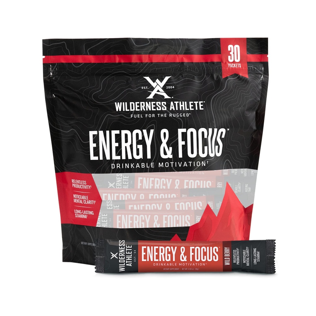 Wilderness Atlete - Energi & Fokus; Energi Booster for kvinder & mænd - Energi Drikke mix med naturlig koffein - Low- Carb, Zero Sugar Energy Drikke Powder - 30 Servering Energy Drikke Pakker (Wild Berry)