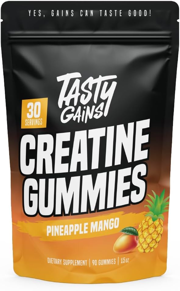 TASTY MAINS Creatinine Gummies - 90g Creatinine Monohydrat - Workout Supplements - Build Muscle & Boost Styrke til mænd og kvinder - Made in USA - Ikke GMO - Vegansk Friendly (Stor, Ananas Mango)