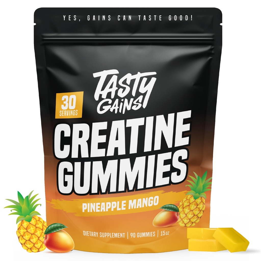 TASTY MAINS Creatinine Gummies - 90g Creatinine Monohydrat - Workout Supplements - Build Muscle & Boost Styrke til mænd og kvinder - Made in USA - Ikke GMO - Vegansk Friendly (Stor, Ananas Mango)