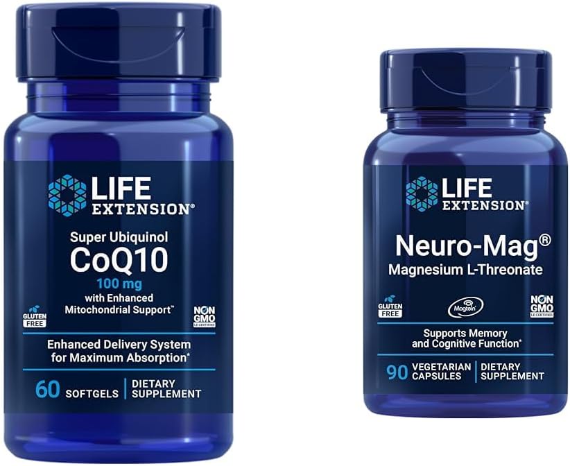 Life Extension Super Ubiquinol CoQ10 med forbedret Mitokondriel Support & Neuro- mag Magnesium L- threonat, Magnesium L- threonat