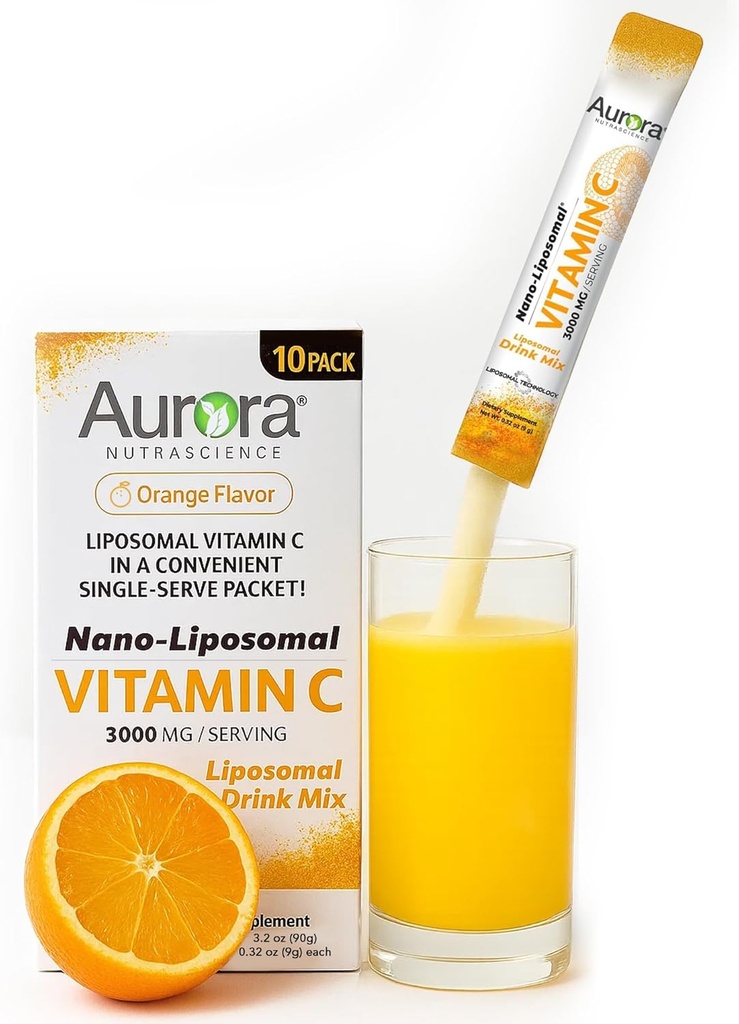 Aurora Nutrascience Nano- Pack Liposomal C-vitamin pulver drik mix, immunstøtte, høj styrke 3000 mg per servering 10 enkeltsæt, orange