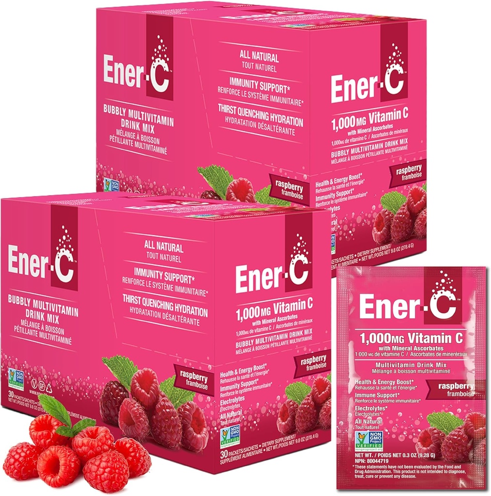 Energi- C Multivitamin Drink Mix - Vitamin Pakninger til vand, Elektrolytter Powder Pakninger, Vitamin Drink Mix, Hydration Liquid Mix, Immunbooster til voksne, Sund energi - Hindbær, 60 Greve
