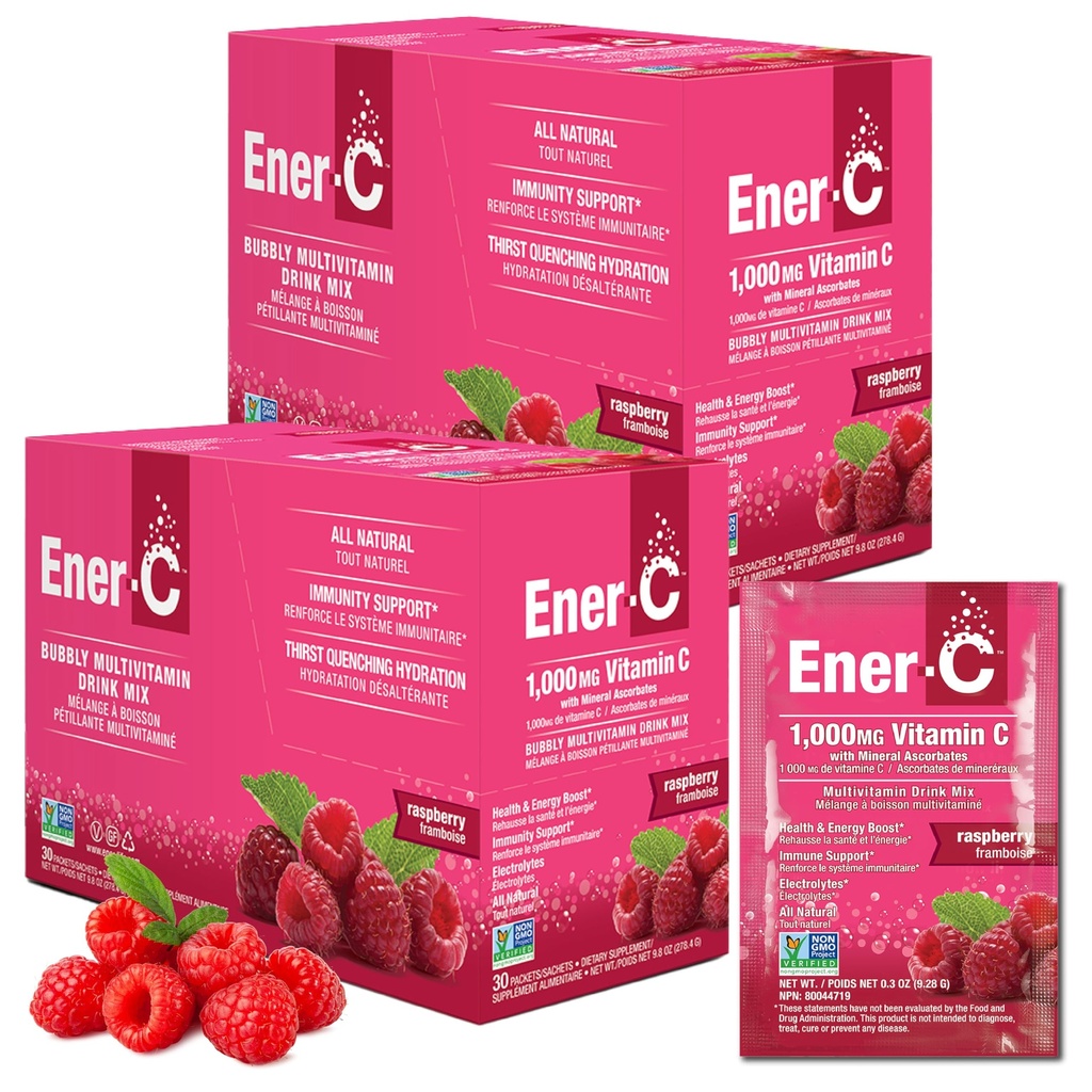 Energi- C Multivitamin Drink Mix - Vitamin Pakninger til vand, Elektrolytter Powder Pakninger, Vitamin Drink Mix, Hydration Liquid Mix, Immunbooster til voksne, Sund energi - Hindbær, 60 Greve