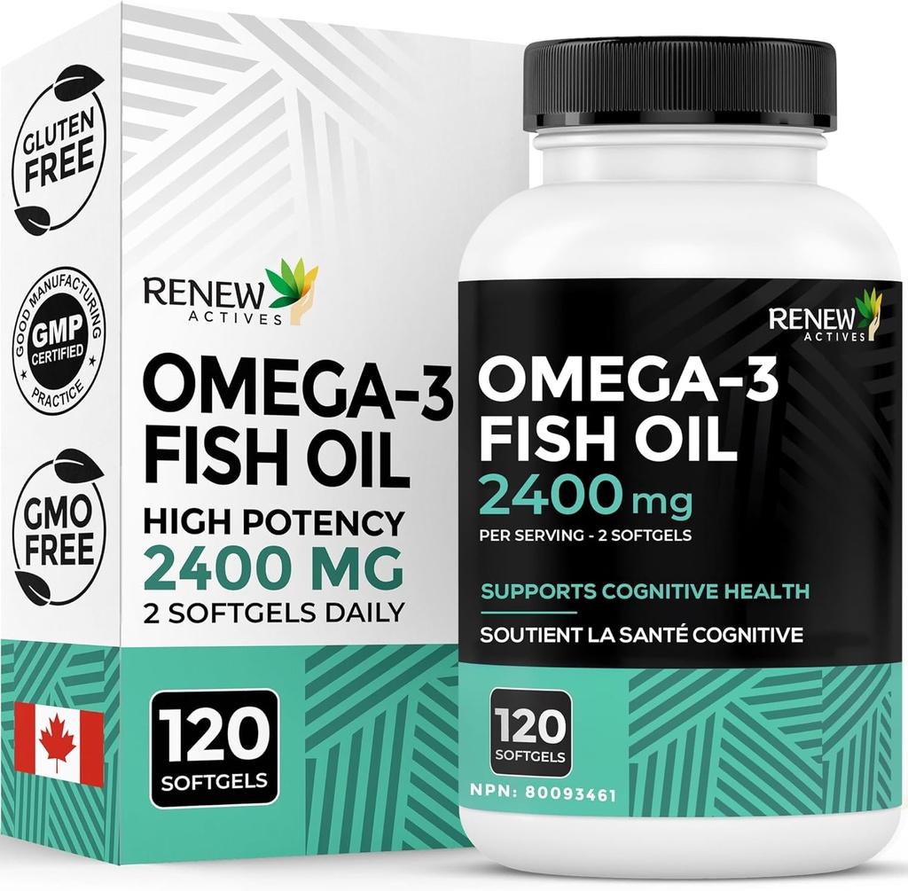 Renew Actives Omega-3 Fish Oil 2400MG per 2 Softgels - 720MG EPA & DHA - Understøtter hjerte, hjerne, øje sundhed, & triglyceride Reduktion - Ingen Fishy Eftersmag - Made in Canada - 120 Softgels