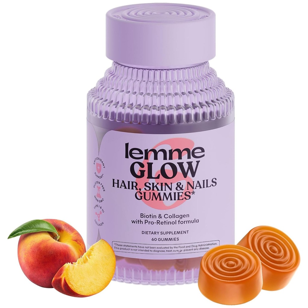 Lemme Glow Collagen Gummies for Thick Hair, Stærk Nails & Sund Hud med Multi- Collagen Peptider, Biotin, Trace Minerals, Zink, Vitamin A, C & E, Dairy & Gluten Free, Peach Flavor, 60 ct.