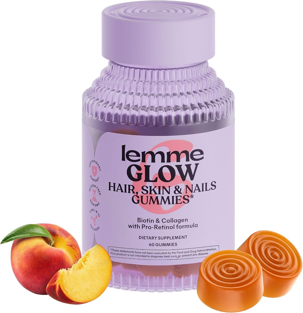 Lemme Glow Collagen Gummies for Thick Hair, Stærk Nails & Sund Hud med Multi- Collagen Peptider, Biotin, Trace Minerals, Zink, Vitamin A, C & E, Dairy & Gluten Free, Peach Flavor, 60 ct.