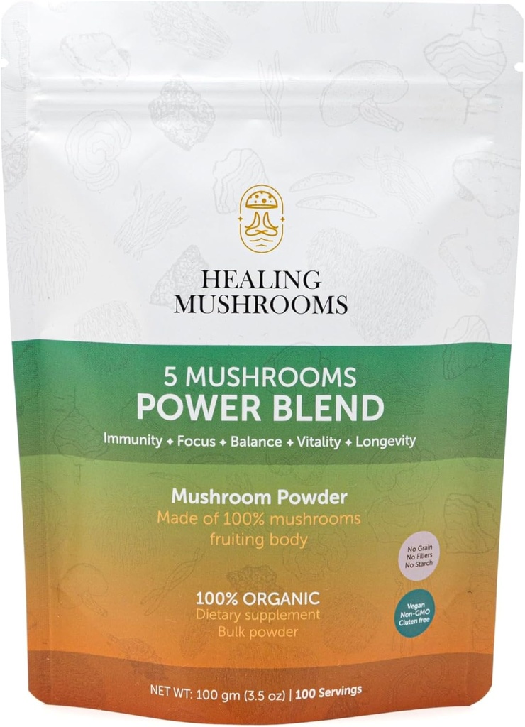 5 Svampe Power Bland, Organic Powder med Lions Mane, Reishi, Cordyceps, Tyrkiet Tail, Chaga. 100 bedstemor