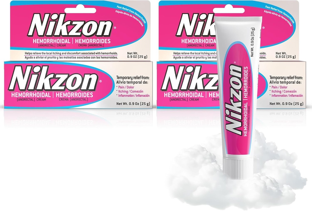 Nikzon Hæmorroid Cream 124; Dobbelt effekt for smerter og hævelse, Number Irriteret Anorectal Area, Lindrende & Fast- Fungerende Formel, Dual- Action Hæmorroid Behandling, 0, 9 Oz, 2 - Pack