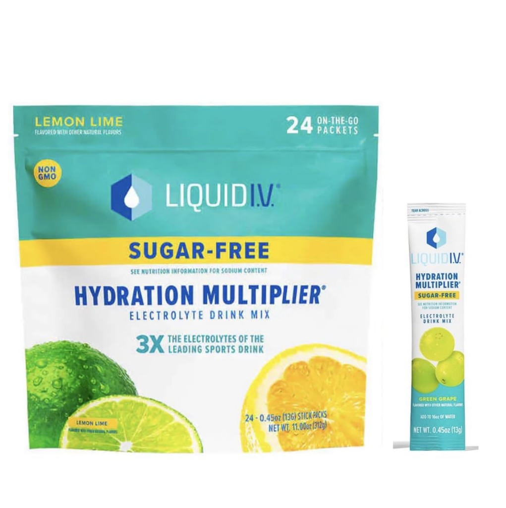 Væske I.V. Sukkerfri hydrering Multiplier - Lemon Lime - Hydrering Pulver Pakninger, Electrolyte Drink Mix, Easy Open Single- Serving Stick Non- GMO 24 Sticks + 1 - 0,45 grøn druesukker fri