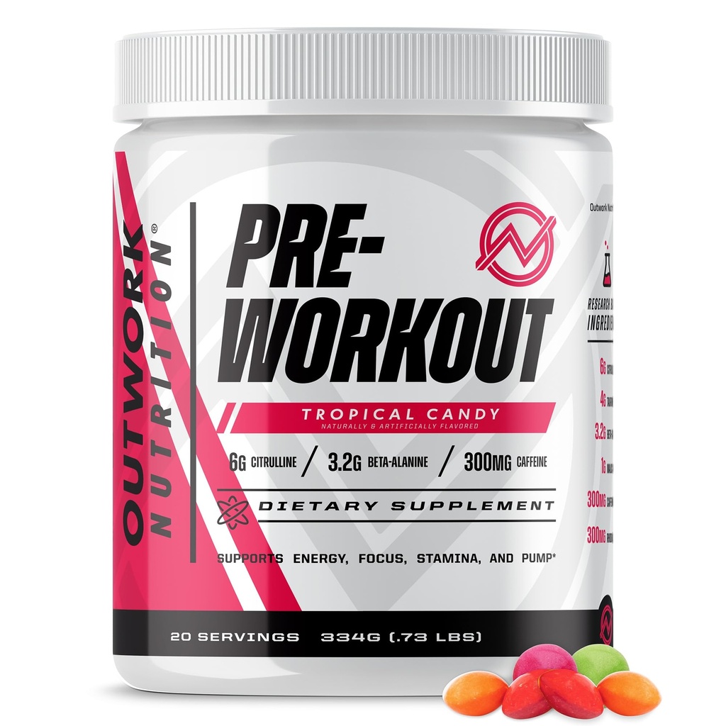 Outwork Nutrition Fortræning for mænd og kvinder - Nootrop Pre Workout uden Creatin, Pre- Workout Pulver med Taurine Rhodiola Citrullin Malat Beta Alanine Koffein (Tropisk slik)