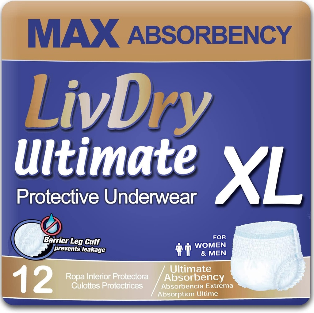 LivDry Ultimate XL Voksen Inkontinens Undertøj, Max Absorbent Voksen bleer med læk Beskyttelse, X- Large, 12- Pack