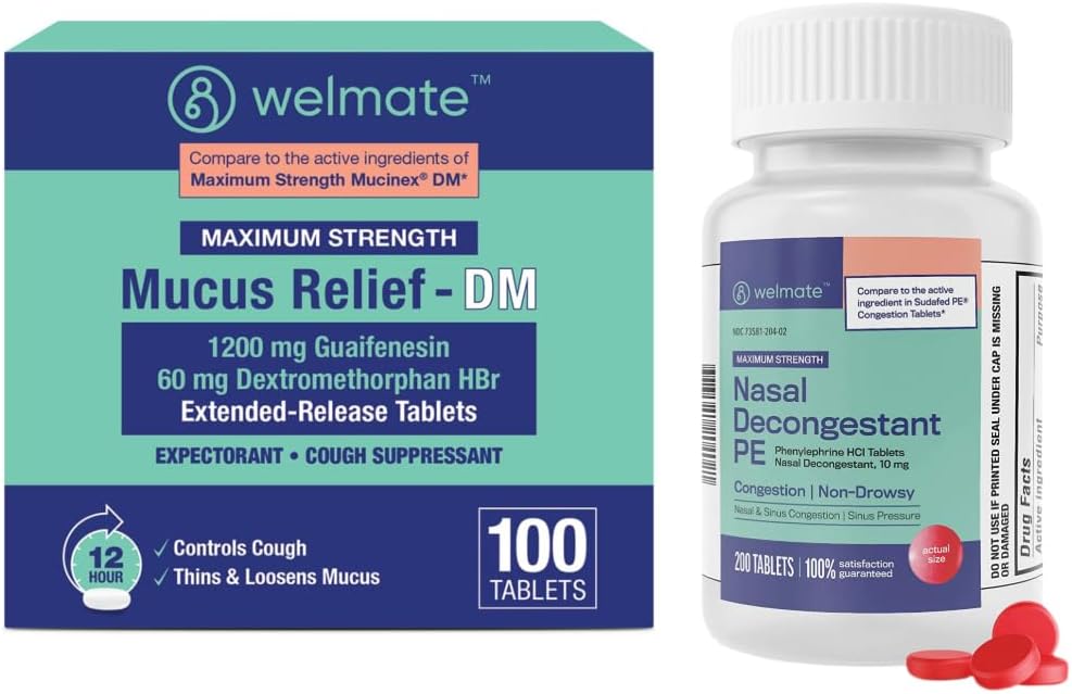 WELMATE Complete Cold & Allergy Relief Kit: Maximum Strength Nasal Decongestant PE (200 Tablets) & Mucus Relief DM 1200mg Guaifenesin/60mg DXM (100 Ct) - Non-Drowsy Sinus, Cough, and Congestion Relief