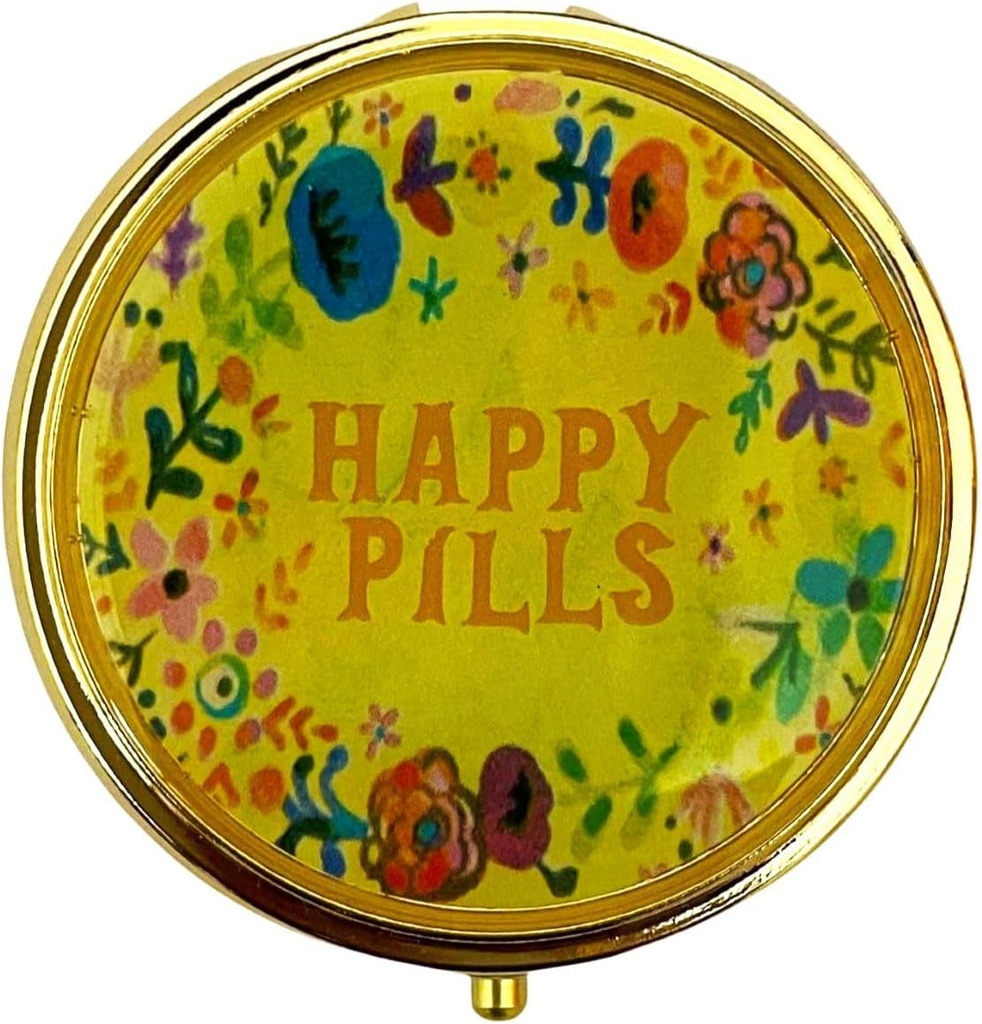 Retro Cute Pill Case Vintage Metal Pill Organizer Portable Compact Pill Box til purse / Pocket til at holde vitaminer / Tylenol / Kosttilskud / Fish Oil / Meds / Tablet (Happy Pills with Mirror, Round)