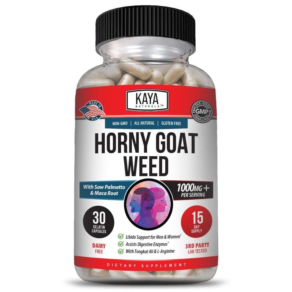 Kaya Naturals Horny Goat Weed for mænd og kvinder - 1560mg Kompleks med Maca, Saw Palmetto, Ginseng, Arginin Vitamin Supplement - Horny Goat Weed - 30 Greve